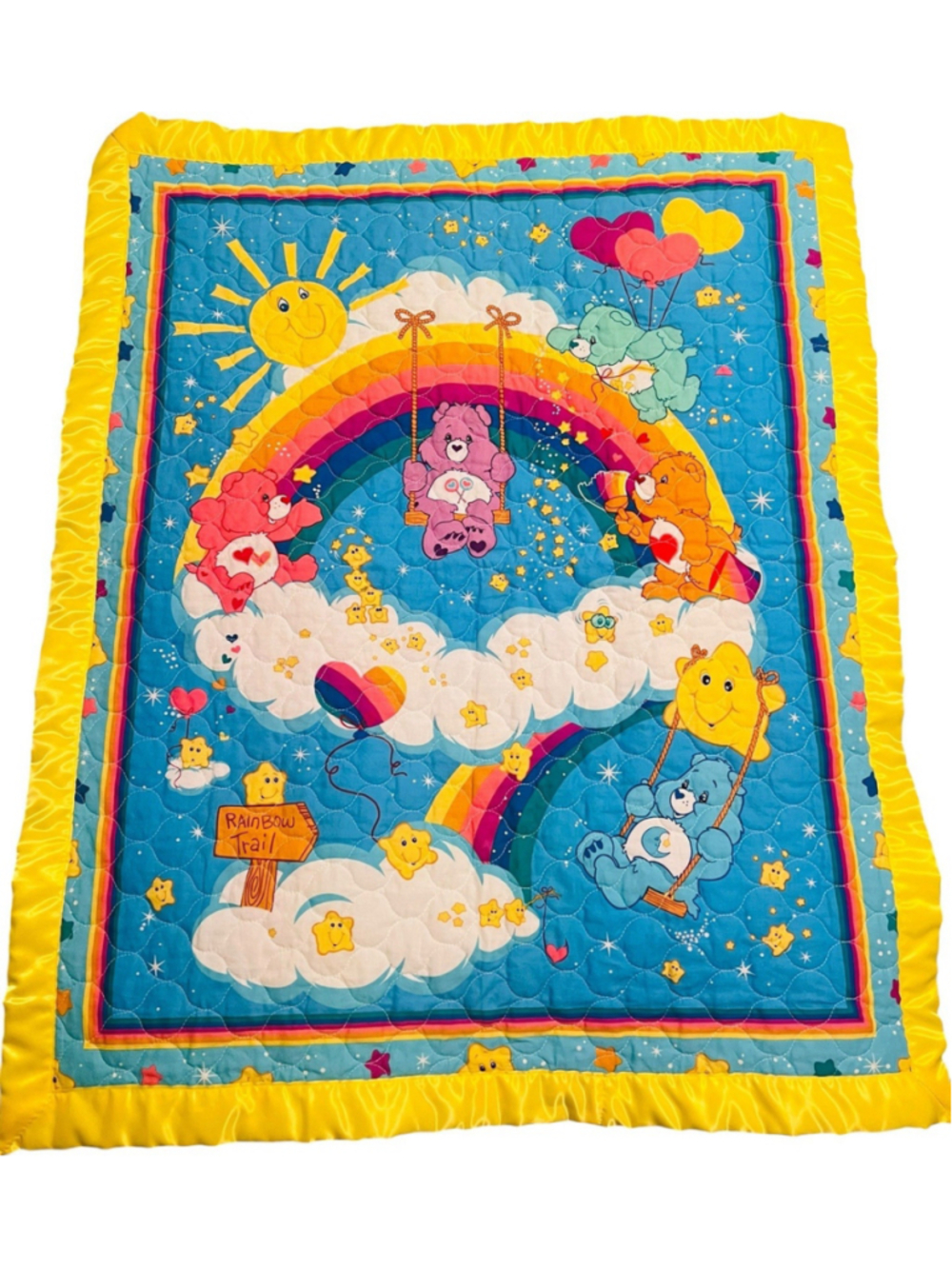 Vintage Care Bears Baby Crib Blanket Quilt Rainbow Trail Satin Trim Reversible